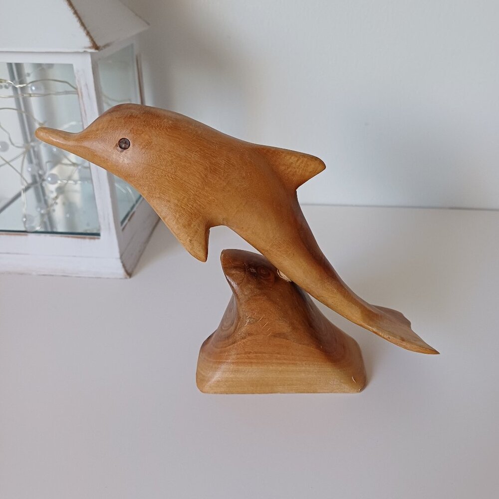 Small Carved Light Brown Wood Dolphin on Base 5''